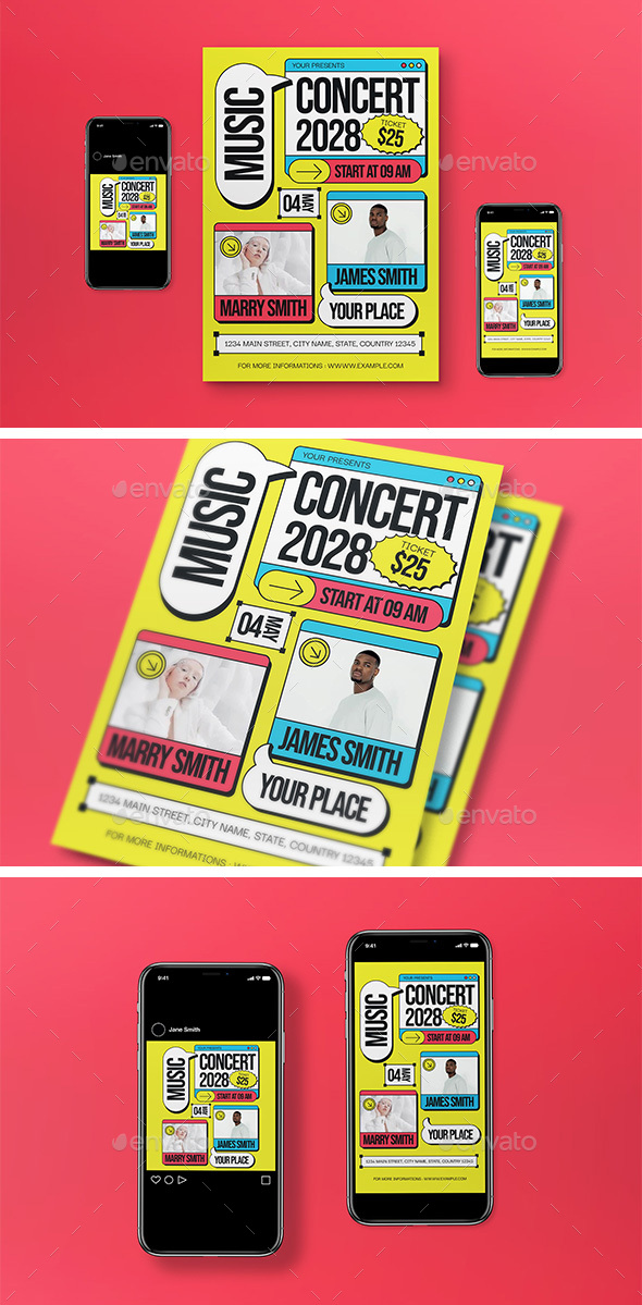 Yellow Neo Brutalism Music Concert Flyer Set