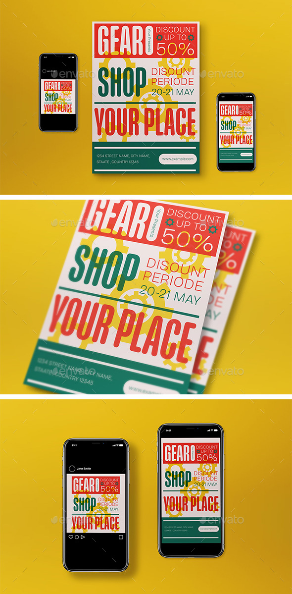Green Risograph Gear Shop Flyer Set