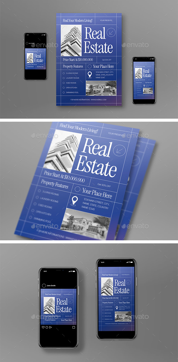 Blue Art Deco Real Estate Flyer Set