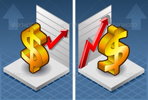Isometric Symbol of Dollar with Red Arrow Up - Concepts Business