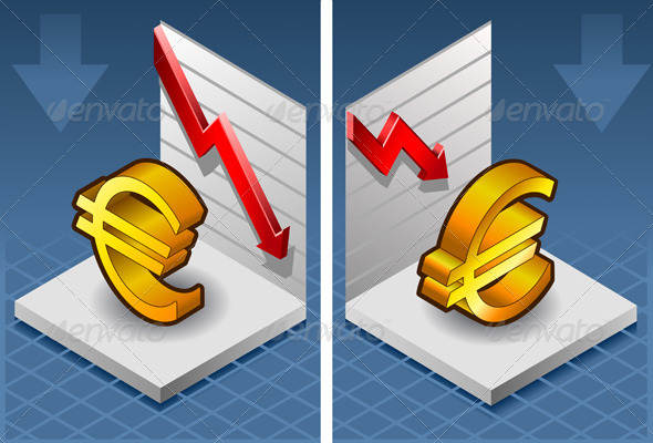 Isometric Symbol of Euro with Red Arrow Down - Concepts Business