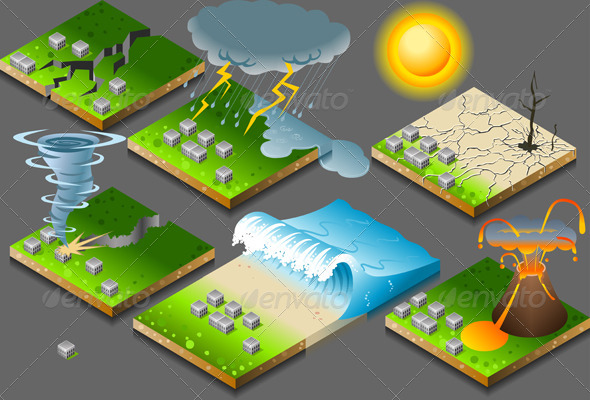 Isometric Natural Disasters on Button - Miscellaneous Conceptual