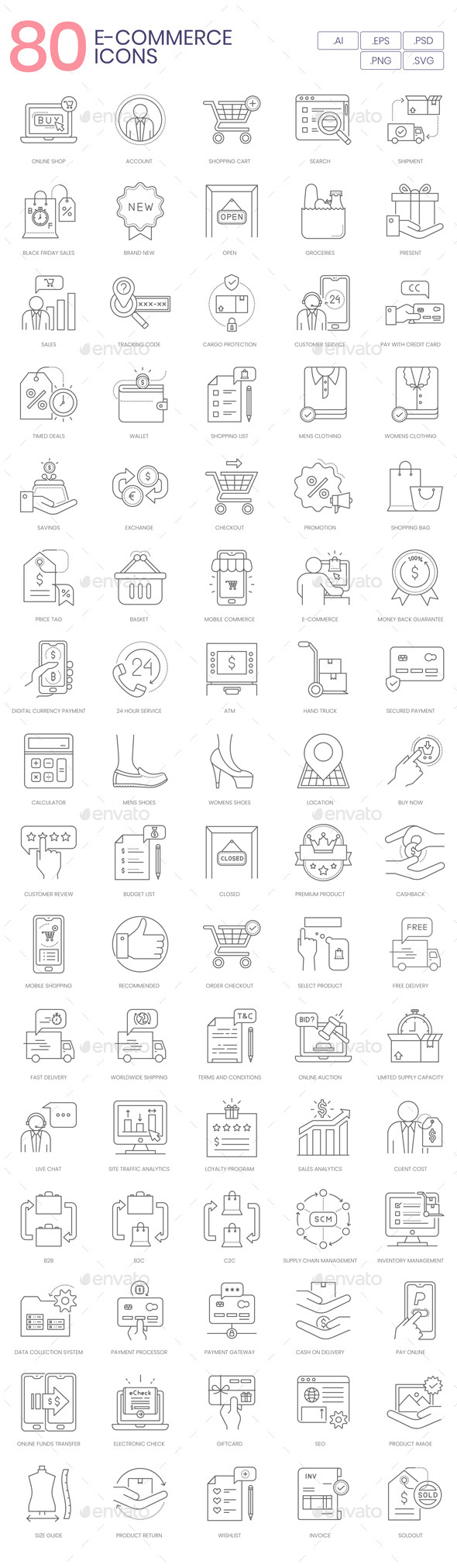 80 E-Commerce Online Shop Icons | Line Series