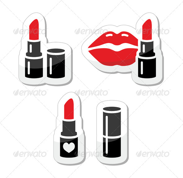 Lips and Red Lipstick Vector Icon Set - Man-made Objects Objects