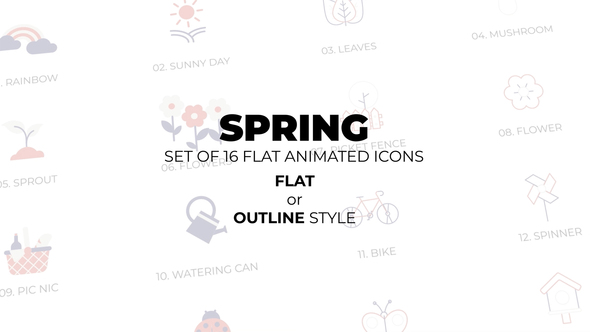 Spring - Set of 16 Animated Icons Flat or Outline style