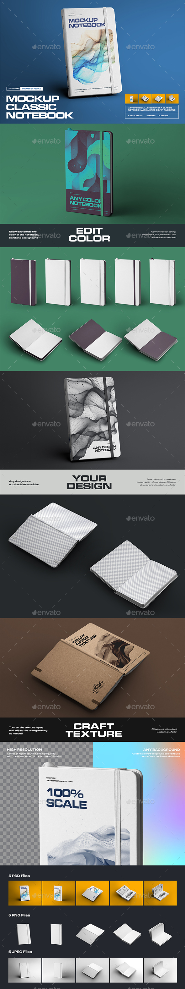 [DOWNLOAD]5 Mockups of Classic Notebook with Band and Hard Cover