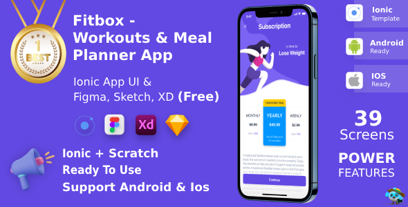 Workouts & Meal Planner App | Ionic | Figma + XD + Sketch FREE | Life Time Update | Fitbox