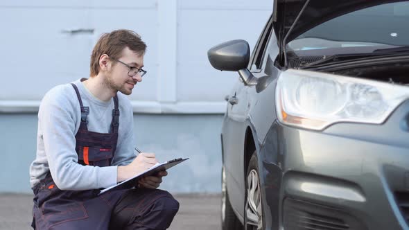 Young auto mechanic checking car wheel in auto service garage. Automobile servicing and repair. alt