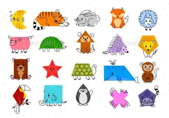Cartoon Animal Characters with Math Shapes Set