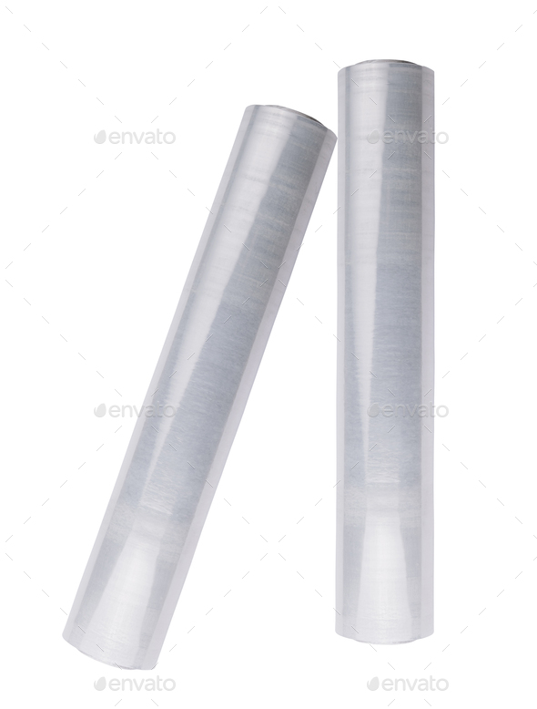 Roll of plastic stretch wrap film on white