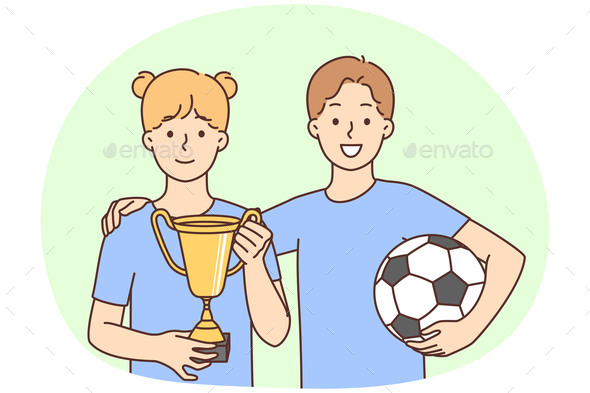 Smiling Children with Ball and Golden Prize