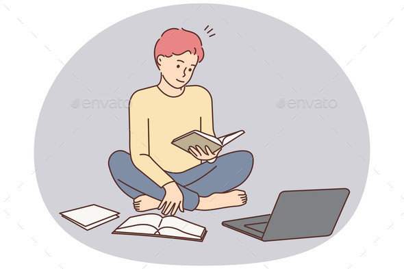 Man Study with Books and Laptop