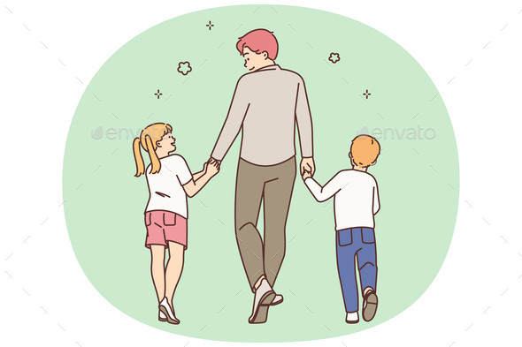Loving Father Walking with Small Children