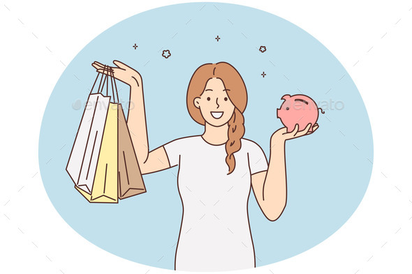 Smiling Woman with Piggybank and Shopping Bags
