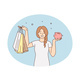 Smiling Woman with Piggybank and Shopping Bags