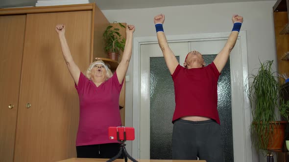 Grandmother Grandfather Doing Healthy Lifestyle Workout Training Fitness Sport Activity at Home alt