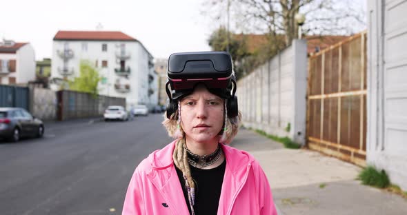 4k slow motion portrait young woman no make up natural beauty outdoor putting off 3D headset alt