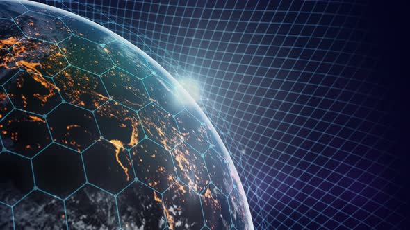 Night glowing Earth. Globalization in 3d Motion Graphic. alt