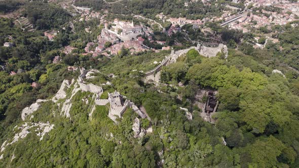 Ruins of the medieval Castle of the Moors, Sintra. Panoramic aerial view alt