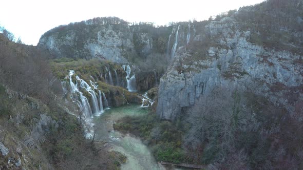 Aerial of waterfalls and valley, Plitvice Park alt