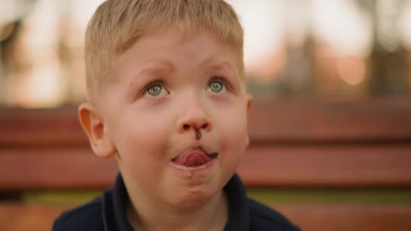 Funny Toddler Boy Licks Out Chocolate From Lip in City Park alt
