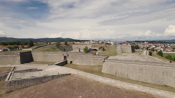 Walled fort of São Neutel, Chaves, Portugal. Military architectural landmark. Aerial view alt