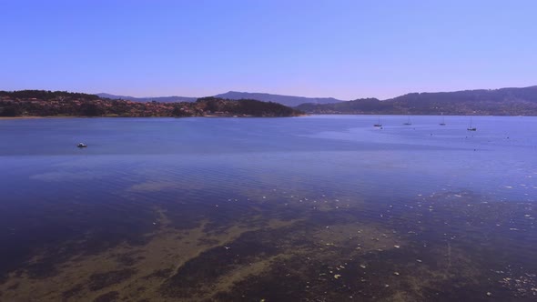 Calm sea with birds and boats in evening alt