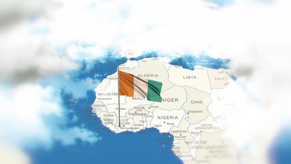 Cote d'lvoire Map And Flag With Clouds