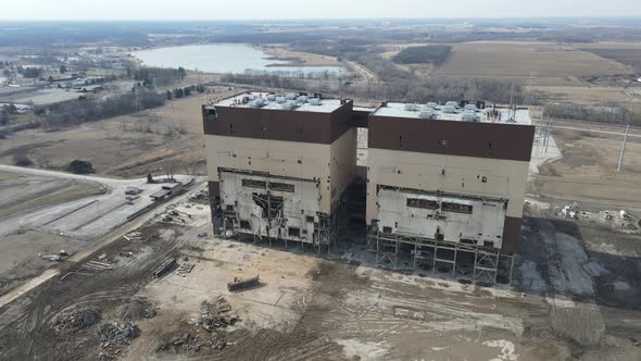 Aerial of old coal plant being carefully deconstructed in Kenosha, Wisconsin.