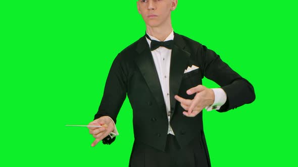 Orchestra Conductor Waves His Baton to Directing Synchronize and Conducting Musicians on Green alt