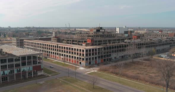 Aerial view of the dilapidated Packard Automotive Plant in Detroit, Michigan.This video was filmed i alt