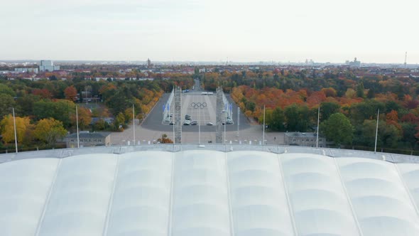 Olympic Rings Symbols on Berlin Olympia Stadium Entrance From Aerial Drone Perspective alt