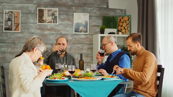 Young Bearded Man Clinking a Glass of Wine with His Father alt