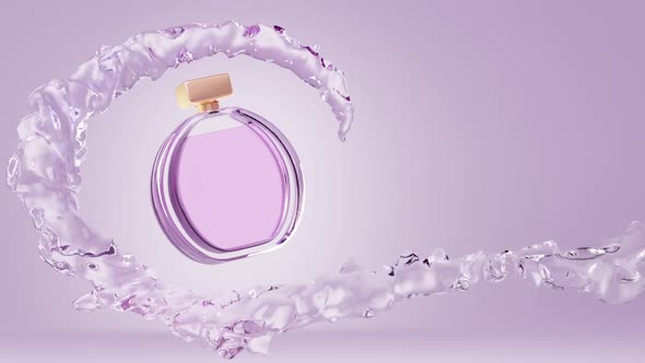 Cosmetic bottle perfume in splash water, 3d animation, cosmetics product with gold cap alt