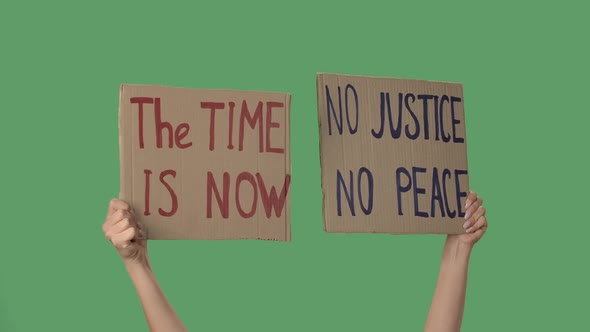 NO JUSTICE NO PEACE and THE TIME IS NOW. Protest Text Message on Cardboard. Stop Racism. Police alt