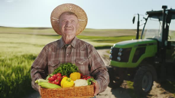 An Old Smiling Farmer is Standing By a Tractor in a Field and Looking at the Camera alt