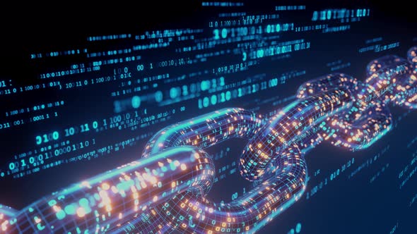 blockchain is a crypto-currency, the blue chain has a code. depth of field alt