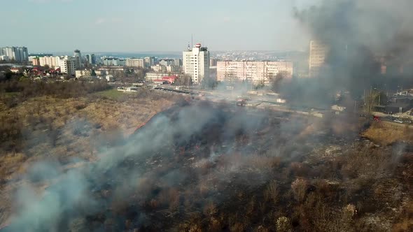 Burnt Field and Smoke in the Forest After a Fire Near the City alt