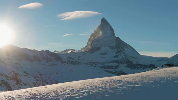 Matterhorn Mountain at Sunset in Winter Evening. Swiss Alps. Switzerland. Aerial View alt