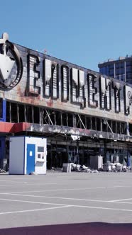 Vertical Video of a Burnt Shopping Center During the War in Bucha Ukraine alt