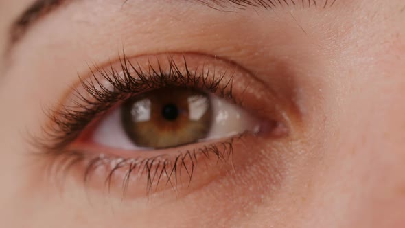 Macro shot of a woman's brown eye opening alt