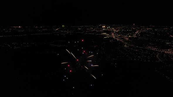 View of fireworks and fireworks from a bird's-eye view over the city of Minsk alt