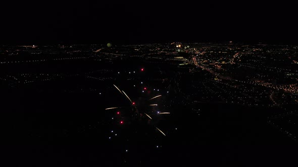 View of fireworks and fireworks from a bird's-eye view over the city of Minsk