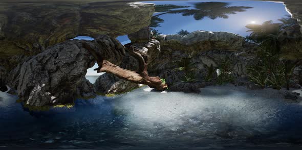 VR 360 Cave Paradise Blue Sea and Sky. Paradise on Beach Tropical Island alt