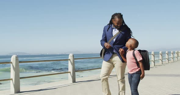 Video of happy african american father and son walking and talking by sea alt
