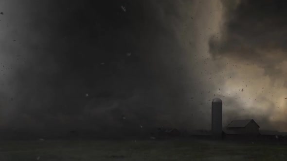 Animation. Tornado Near The Settlement, Lightning Strikes The Water Tower