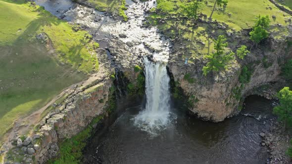 Aerial Around View of Orkhon Waterfall in Mongolia alt