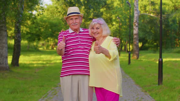 Senior Stylish Couple Grandmother Grandfather Looking Approvingly Showing Thumb Up Like Sign Gesture alt