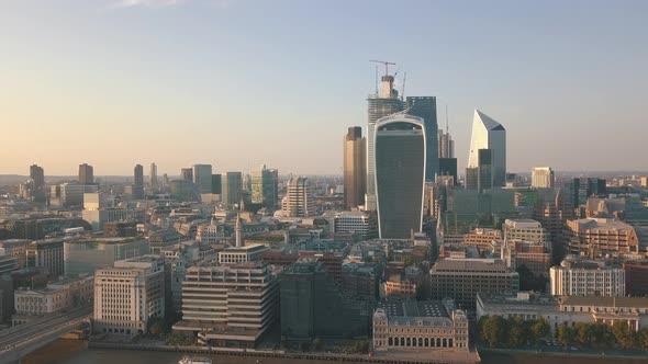 London Skyline at Sunset or Sunrise, Futuristic modern Skyscrapers in construction, Establishing Aer alt