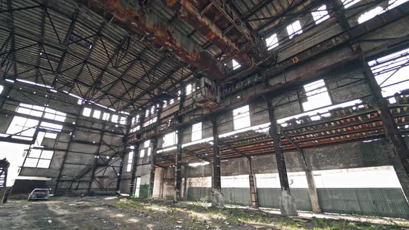 Abandoned ruined industrial factory building, ruins and demolition concept alt